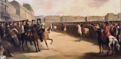 Tsaar Peter I de Grote van Rusland (1672-1725) vergezeld door de regent Filips II hertog van Orléans (1674-1723) tijdens zijn bezoek aan Frankrijk inspecteert de bereden troepen in de Tuilerieën (Parijs) op 16/06/1717 door Henri Serrur