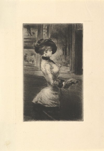 Driekwart lengte vrouw in profiel in een kunstgalerij door Henri Somm
