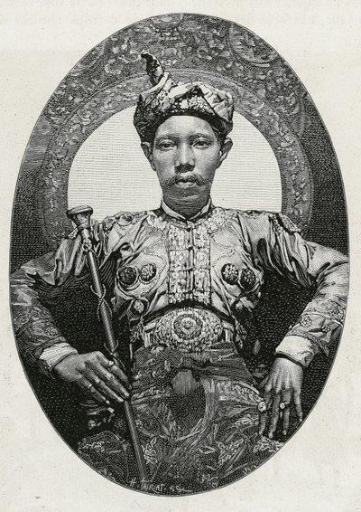 Portret van Mohammed Yamalul Alam, sultan van Soulou (of Sulu) (Filippijnen), in 1880. Gravure door Thiriat, ter illustratie van het verhaal 