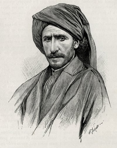 Portret van Sjeik Moses, de machtigste stamleider van Arabistan (of het Arabisch schiereiland). Gravure door Thiriat, ter illustratie van het verhaal 