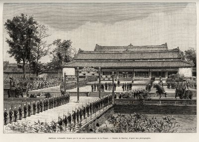 Plechtige audiëntie gegeven door koning Dong Khanh (1864-1889) keizer van Annam aan de vertegenwoordigers van Frankrijk in de keizerlijke stad Hue (Vietnam). Gravure door Thiriat, ter illustratie van het verhaal 