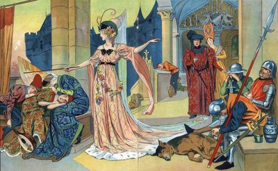 De Fee betovert de bewoners van het kasteel met haar toverstok om hen net zo lang te laten slapen als de prinses. "Doornroosje", sprookje van Charles Perrault (1628-1703). Illustraties Henri Thiriet (1873-1946). Rond 1930 door Henri Thiriet