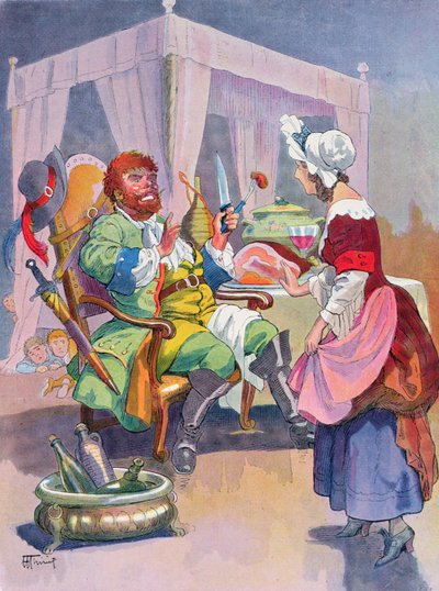 De Oger ruikt vers mensen vlees, illustratie voor een sprookje van Perrault 