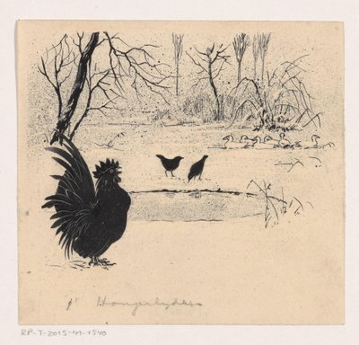 Eenden, vogels en haan bij een bevroren plas door Henri Verstijnen