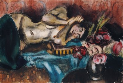 Halfnaakt met rozenboeket door Henri Victor Gabriel Le Fauconnier