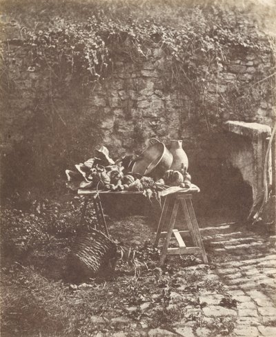 Stilleven - Ketel, kruik en groenten op een schraagtafel door Henri Victor Regnault