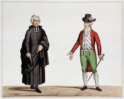 Een afgevaardigde van de geestelijkheid en een man in de mode van september 1789 - Lithografie van Villain, uit de collectie van kostuums, wapens en meubels voor de geschiedenis van de Franse Revolutie en het Keizerrijk, door Graaf Horace de Viel Castel, e door Henri Villain