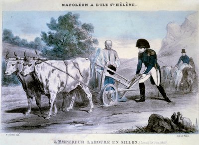Napoleon I (1769-1821) op Sint-Helena: de keizer ploegt een voor (30/06/1816) Lithografie van Villain. 1816 Ile d