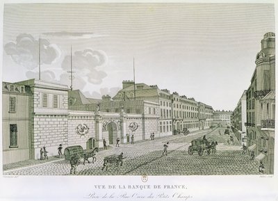 De Bank van Frankrijk vanaf Rue Croix-Petits-Champs, gegraveerd door Eugene Dubois, 1800 door Henri after Courvoisier Voisin