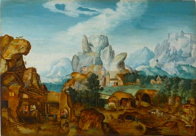 Rotsachtig landschap met een smederij De vlucht naar Egypte, voor 1550 door Henri de Herri met de Bles
