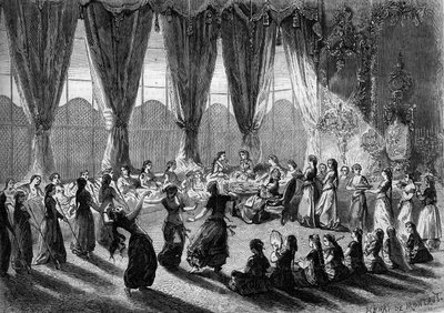Ontvangst van Europese dames in het serail van Caïro door de Vicekoningin van Egypte. Dienstmeisjes brengen de gerechten terwijl muzikanten en dansers de show opvoeren. 19e eeuw. Gravure door Henri de Montaut in 