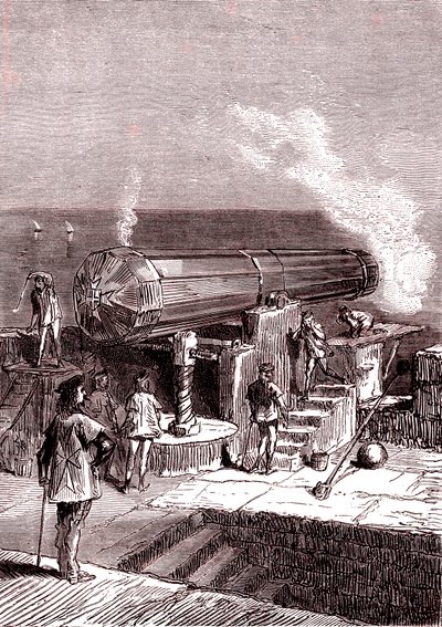 Het gigantische kanon op het eiland Malta, kunstwerk, "Van de aarde naar de maan" door Jules Verne door Henri de Montaut