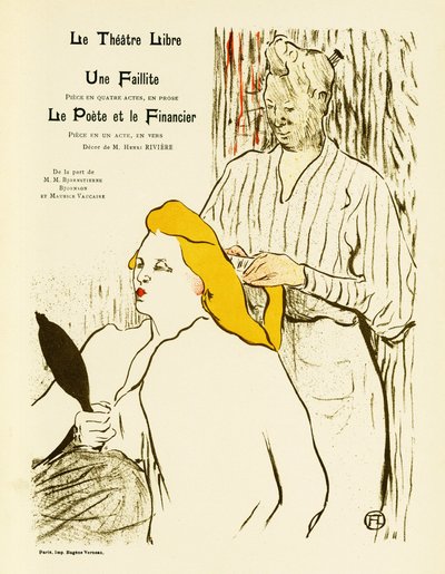 Een blonde vrouw kijkt in een spiegel terwijl ze haar haar laat stylen door Henri de Toulouse Lautrec