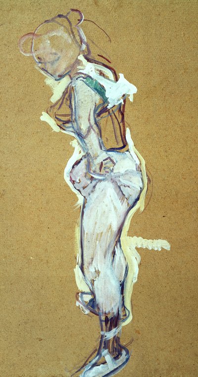 Trapezeartiest die haar shirt aanpast door Henri de Toulouse Lautrec