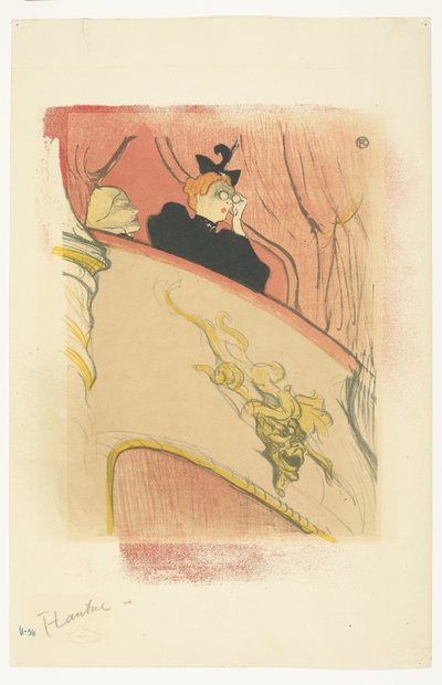 Vrouw met toneelkijker op balkon in theater door Henri de Toulouse Lautrec (signed by artist)