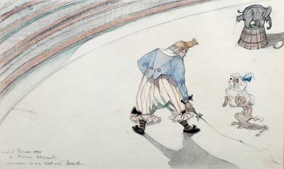 Circusscène: dressuur. Een clown met een geleerde hond en een acrobatische olifant. Tekening door Henri de Toulouse Lautrec door Henri de Toulouse Lautrec