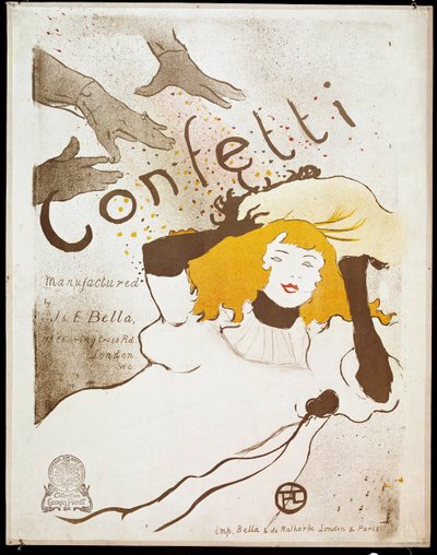 Confetti: handen gooien confetti polsen op een vrouw met geel haar. Poster door Henri de Toulouse-Lautrec (1864-1901). Dim. 0.54 x 0.39. 1893. Albi, Musee Toulouse Lautrec door Henri de Toulouse Lautrec