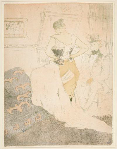 Vrouw die een korset vastmaakt, voorbijgaande verovering, uit de serie Elles door Henri de Toulouse Lautrec