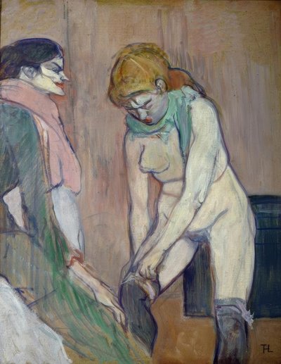 Vrouw die haar kous uittrekt door Henri de Toulouse Lautrec
