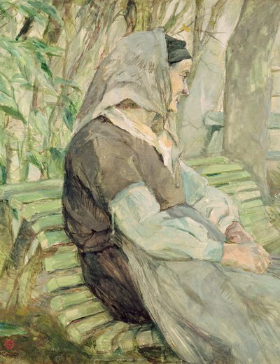 Oude vrouw zittend op een bank in Celeyran door Henri de Toulouse Lautrec