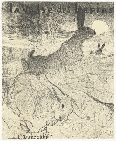 Omslag voor muziekblad met lied La Valse des Lapins met konijnen in landschap door Henri de Toulouse Lautrec