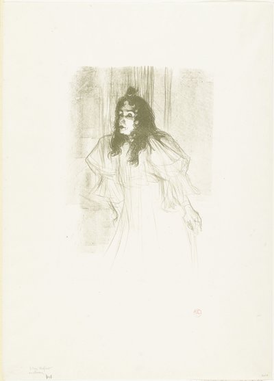 Portret van de zangeres May Belfort met loshangend haar door Henri de Toulouse Lautrec