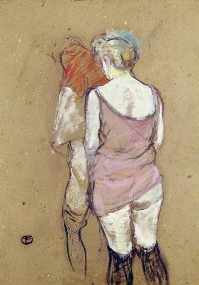 Twee halfnaakte vrouwen in het Maison de la Rue des Moulins door Henri de Toulouse Lautrec