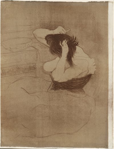 Vrouw die haar haar kamt—La Coiffure, plaat zeven uit Elles door Henri de Toulouse Lautrec
