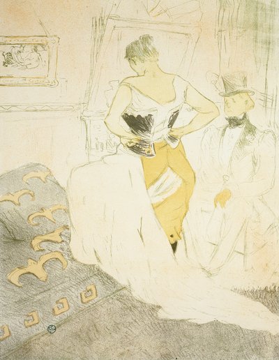 Vrouw die een korset vastmaakt, voorbijgaande verovering, plaat negen uit Elles door Henri de Toulouse Lautrec