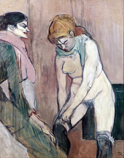 Vrouw die haar kousen aantrekt door Henri de Toulouse Lautrec