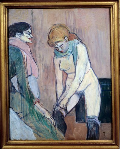 Vrouw die haar kousen aantrekt door Henri de Toulouse Lautrec