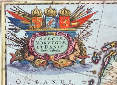 Cartouche van een kaart van Zweden, Noorwegen en Denemarken door Henricus Hondius II