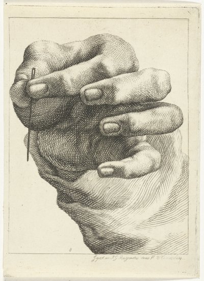 Studie van een hand met een naald tussen duim en wijsvinger door Henricus Wilhelmus Couwenberg
