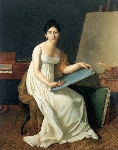 Portret van de kunstenaar, gekleed in een witte jurk en met een schetsboek door Henriette Lorimier