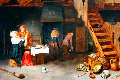 Een Boereninterieur met Figuren feestend aan een Tafel door Henrik Potuijl