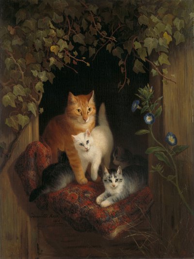 Kat met kittens door Henriëtte Ronner