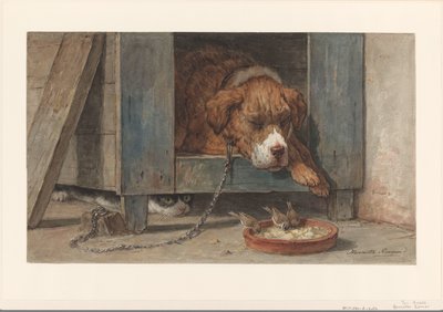 Kat bespiedt vogels bij een slapende hond door Henriëtte Ronner