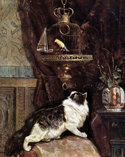 Kat bespiedt een vogel in een kooi - door Henriette Ronner door Henriëtte Ronner Knip