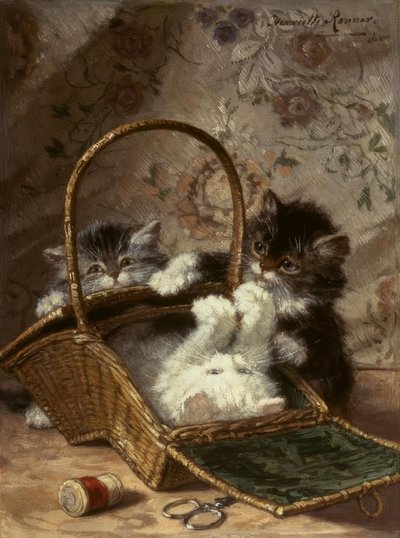 Jonge katten met een naaikorf door Henriëtte Ronner Knip