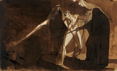 Macbeth en de drie heksen tonen hem het gewapende hoofd door Johann Heinrich Füssli
