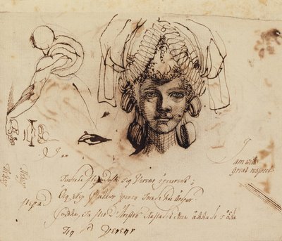 Mevrouw Fuseli met een uitgebreide hoofdtooi en studies van een oog, mond en torso door Johann Heinrich Füssli