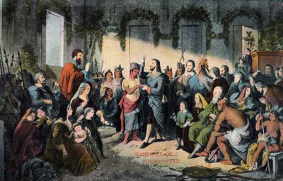 Het huwelijk van Pocahontas en John Rolfe in Jamestown in 1614 door Henry (after) Brueckner