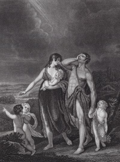 Het vertrek van Kaïn, Genesis, Hoofdstuk 4, vers 16 (gravure) door Henry (after) Singleton