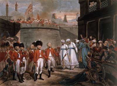 De overgave van twee zonen van Tippoo Sahib (1749-99) als gijzelaars ter vergoeding van de oorlog tegen Groot-Brittannië door Henry (after) Singleton