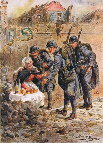 Een oude vrouw die cakes verkoopt te midden van de vallende huizen van Verdun, illustratie uit Dappere daden door dappere mannen door C. Sheridan Jones, uitgegeven 1922 door Henry A. 1868 1940 Payne