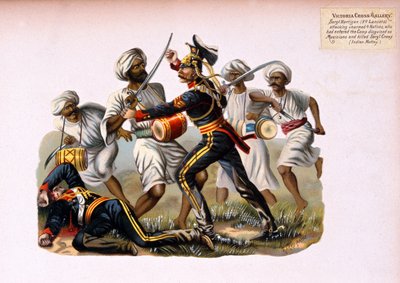 Sergeant Hartigan, 9th Lancers, die vier ongewapende inheemsen aanviel die het kamp vermomd als muzikanten waren binnengekomen en sergeant Crews hadden gedood, Indiase opstand, uit een serie getiteld 