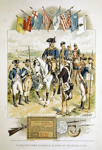 Amerikaanse vlaggen, uniformen, valuta en wapens van de revolutie, illustratie uit de 