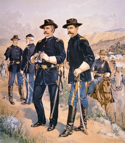 Brigadier-generaal Nelson A. Miles, lijnofficieren en soldaten in veldkleding van 1888 door Henry Alexander (after) Ogden