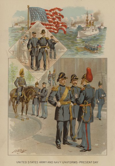 Uniformen van het Amerikaanse leger en de marine - heden (chromolitho) door Henry Alexander (after) Ogden
