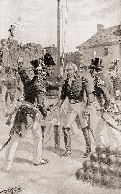 brigadegeneraal William Hull geeft het fort en de stad Detroit, Michigan, Amerika over tijdens het Beleg van Detroit, uit De Geschiedenis van Ons Land, gepubliceerd 1905 door Henry Alexander Ogden
